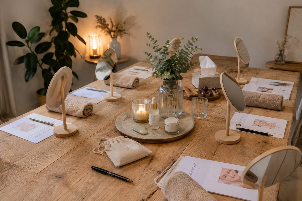 Table dressée pour un atelier : miroirs, Gua Sha, huiles et fiches conseils
